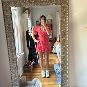Privacy Please red polka dot wrap dress